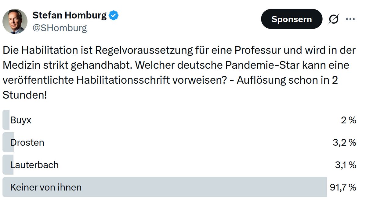 Fast alle lagen richtig: Keiner!

Drosten und Lauterbach sind die einzigen mir bekannten Medizinprofessoren ohne Habilitation. Buyx hat ihre Habilitationsschrift nicht veröffentlicht, obwohl § 14 der Ordnung dies vorschreibt.

Hintergrund: Bei Drosten war auch die Dissertation