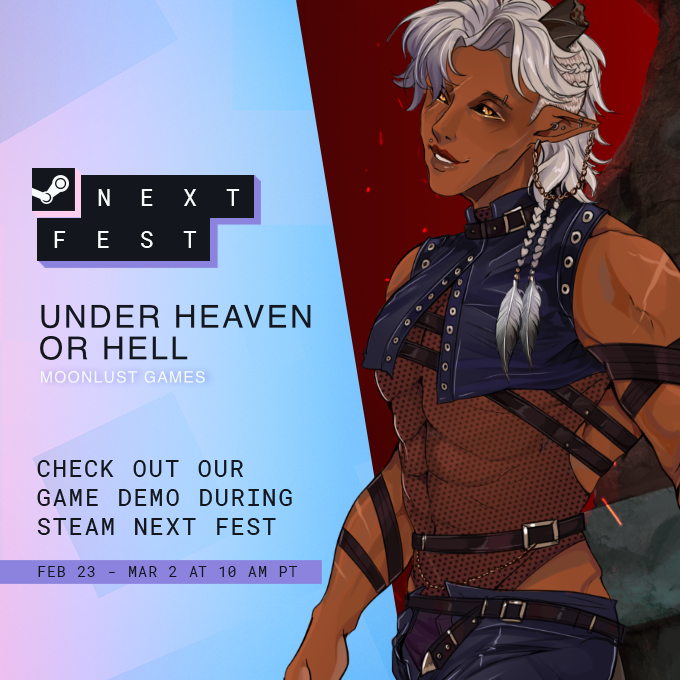 moonlustgames's tweet image. 2 days left of #SteamNextFest

If you like dark romance and fantasy with a sprinkle of sass, don't miss Under Heaven Or Hell! ❤️‍🔥

store.steampowered.com/app/4210930/Un…

#otome #visualnovel