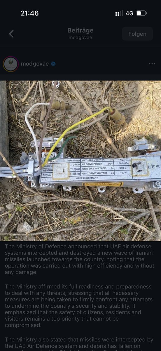 dirk_bader's tweet photo. How Can it be? German high-tech in Iranian missles - Shot down in @AbuDhabi and @Dubai today. @MadeinGermany by @Thales.
Picture from official Post from UAE Ministry of Defense. https://t.co/BksF6vRMUk