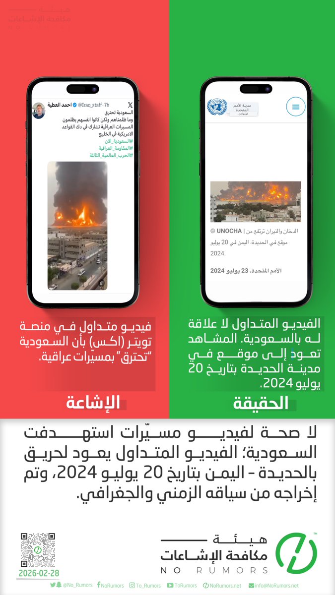 لا صحة لفيديو به مسيّرات استهدفت السعودية؛ الفيديو المتداول يعود لحريق بالحديدة – اليمن بتاريخ 20 يوليو 2024، وتم إخراجه من سياقه الزمني والجغرافي.

#هيئة_مكافحة_الإشاعات #تحقق_لوطنك