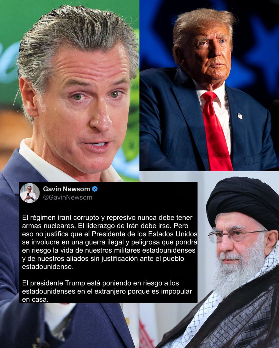 PepsGranados's tweet photo. Totalmente oficial: Tras el ataque de EEUU a Irán, el Gobernador de California, Gavin Newsom, arremete contra Trump y afirma que esta poniendo en riesgo la vida de los estadounidenses porque es impopular en casa. https://t.co/pxmt0MBlWV