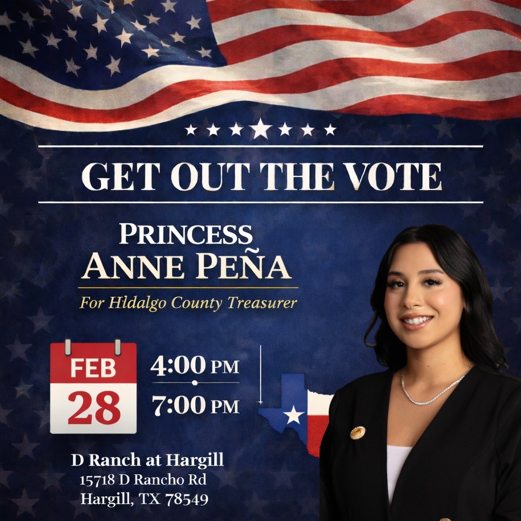 RGVPrincess's tweet photo. EVERYONE IS INVITED!!

Join us Feb 28 at D Ranch at Hargill for our GOTV event!

Food, drinks &amp; community as we head into Election Day – March 3rd.

✔️ Princess Anne Peña
For Hidalgo County Treasurer

#rgv956 #Hidalgo #rgvvalley https://t.co/ArDdGkiWgc
