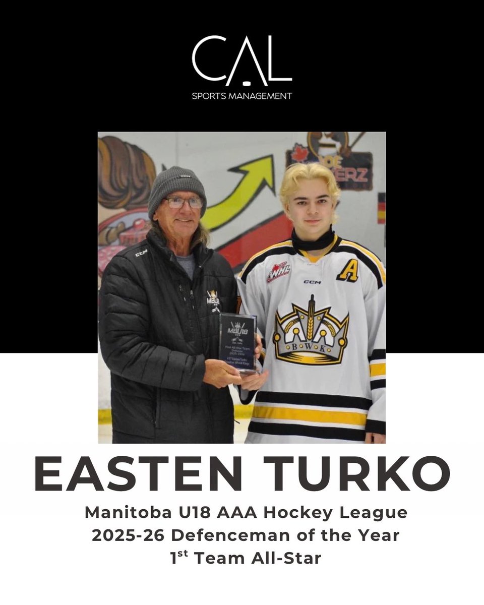 calsportsmgmt's tweet photo. Congratulations to Easten Turko on being named the 2025–26 Manitoba U18 AAA Defenceman of the Year and earning First Team All-Star honours.

In 44 games this season, Turko recorded 14 goals and 49 assists for 63 points. 

Keep up the hard work Easten! 

#CALsportsmgmt https://t.co/vJfiox59LV