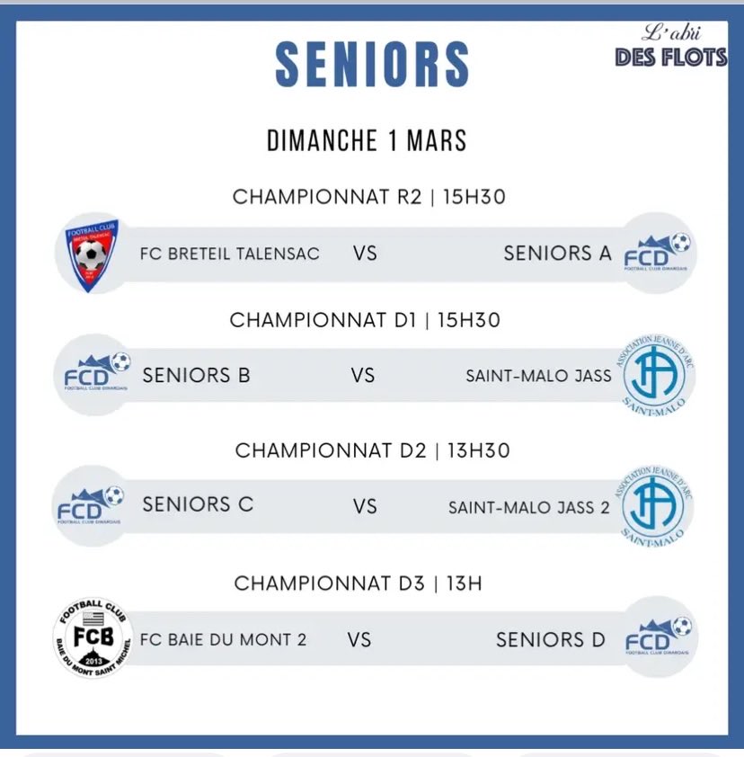 FCDinard's tweet photo. Reprise du championnat demain, voici le programme #fcd #fcdinard #dinardvillesportive #villededinard #liguedebretagne #districtilleetvilaine ⁦@LBFoff⁩ ⁦@DistrictFoot35⁩ https://t.co/kGndSCur1u