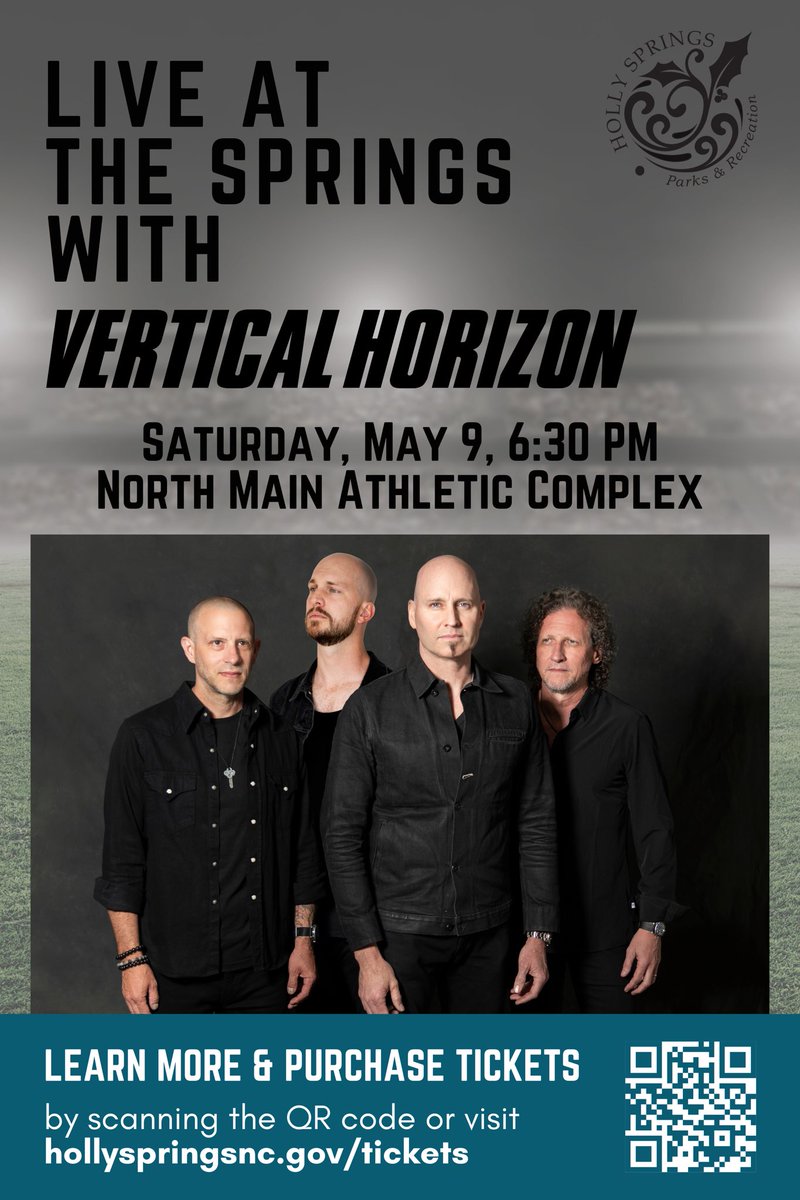 VerticalHorizon's tweet photo. Holly Springs, NC! We’re coming to you on Saturday, May 9, at the North Main Athletic Complex!

Tickets go on sale Monday, March 2, at 9am.

— https://t.co/oBPbC8XYVp https://t.co/wRTHjsBJBK