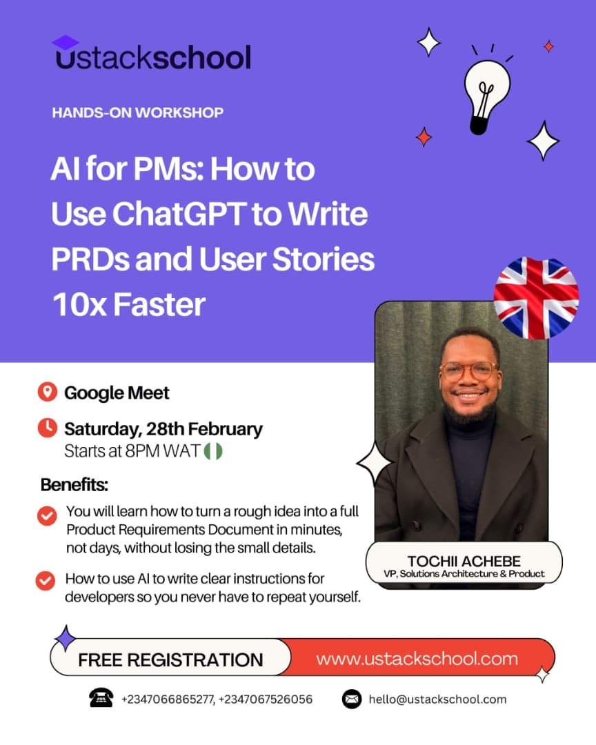 ustackschool's tweet photo. Happening Now!!

Writing Product Requirement Documents (PRDs) and User Stories is usually the most time-consuming part of being a Product Manager. 

If you're tired of staring at a blank screen, it’s time to change how you work.

Video call link: https://t.co/EFgh5KEexj https://t.co/hlPGnUGOFQ