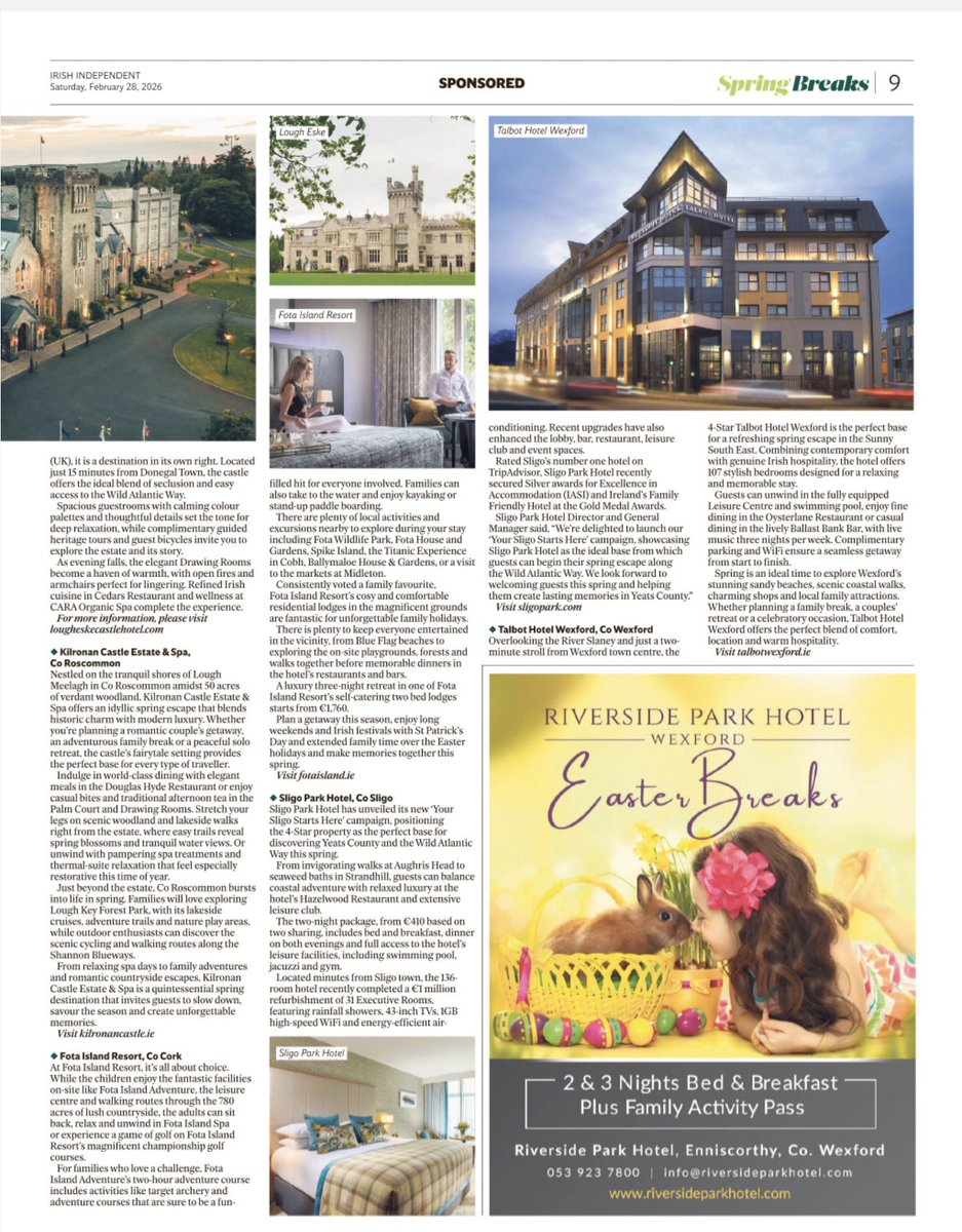 sligoparkhotel's tweet image. Delighted to be featured in the Irish Independent Spring Breaks supplement with lovely editorial supporting our “Your Sligo Starts Here” campaign.
A wonderful showcase for Sligo as a destination and for the team at Sligo Park
#YourSligoStartsHere #Sligo #SpringBreaks #Hospitality