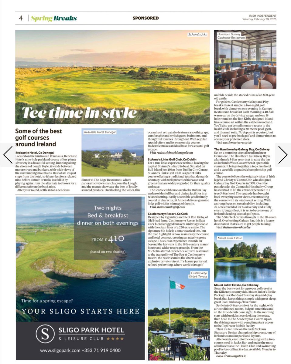 sligoparkhotel's tweet image. Delighted to be featured in the Irish Independent Spring Breaks supplement with lovely editorial supporting our “Your Sligo Starts Here” campaign.
A wonderful showcase for Sligo as a destination and for the team at Sligo Park
#YourSligoStartsHere #Sligo #SpringBreaks #Hospitality