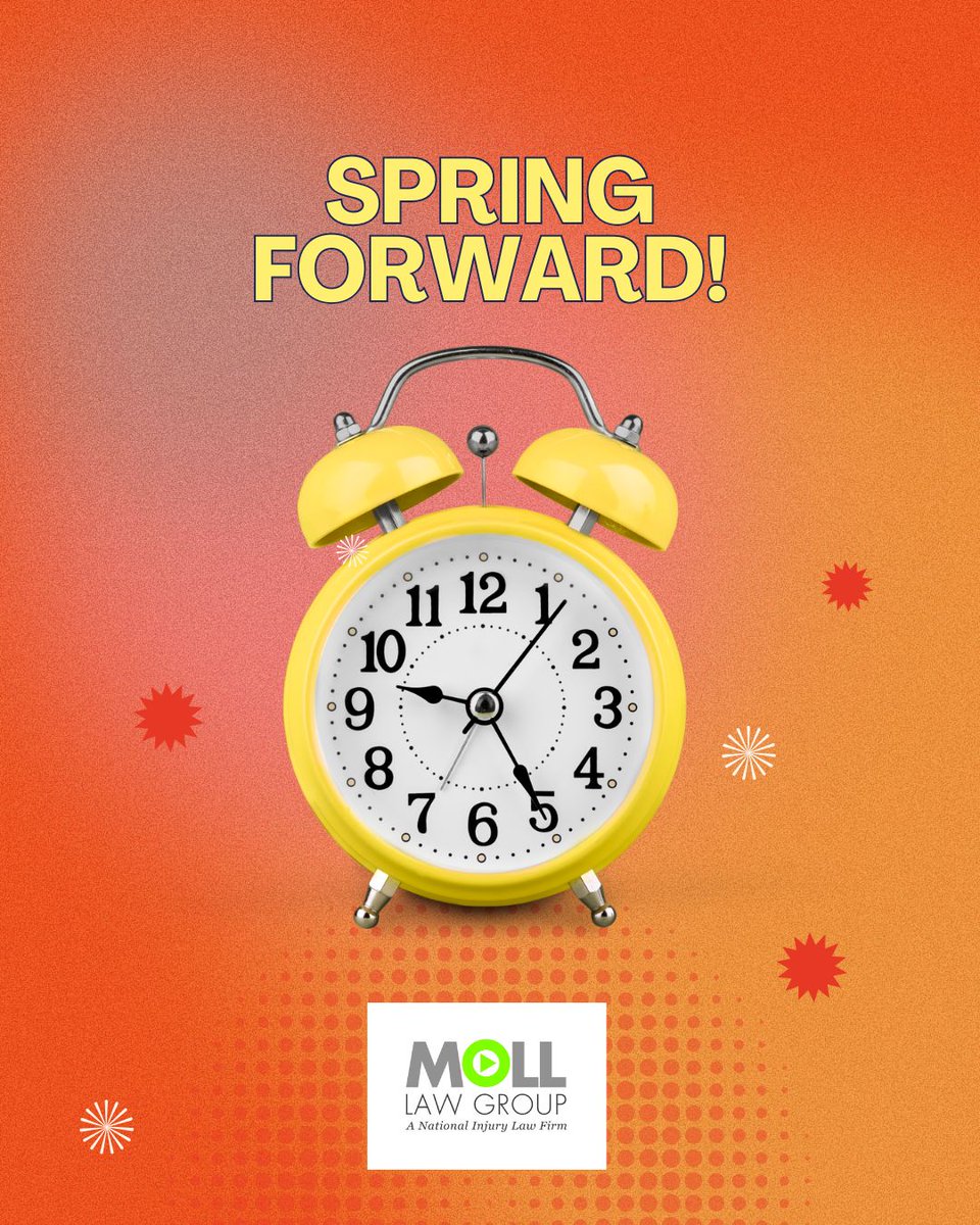 MollLawGroup's tweet photo. It’s time to Spring Forward! ⏰ Daylight Savings Time starts this weekend… enjoy that extra hour of sunlight! ☀️ https://t.co/cLc0yYX4EX