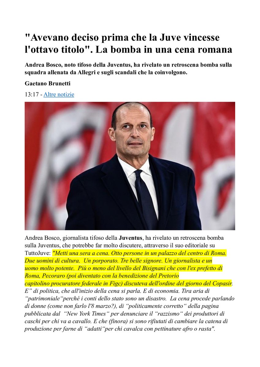 MarcoCento38849's tweet photo. Un bell'articolo di Gaetano Brunetti che riporta un indiscrezione giornalistica di Andrea Bosco su come hanno fermato la Juventus dopo i NOVE SCUDETTI consecutivi, leggete e riflettete bene su quello che sta succedendo e succederà. https://t.co/RCAHFsbTi3