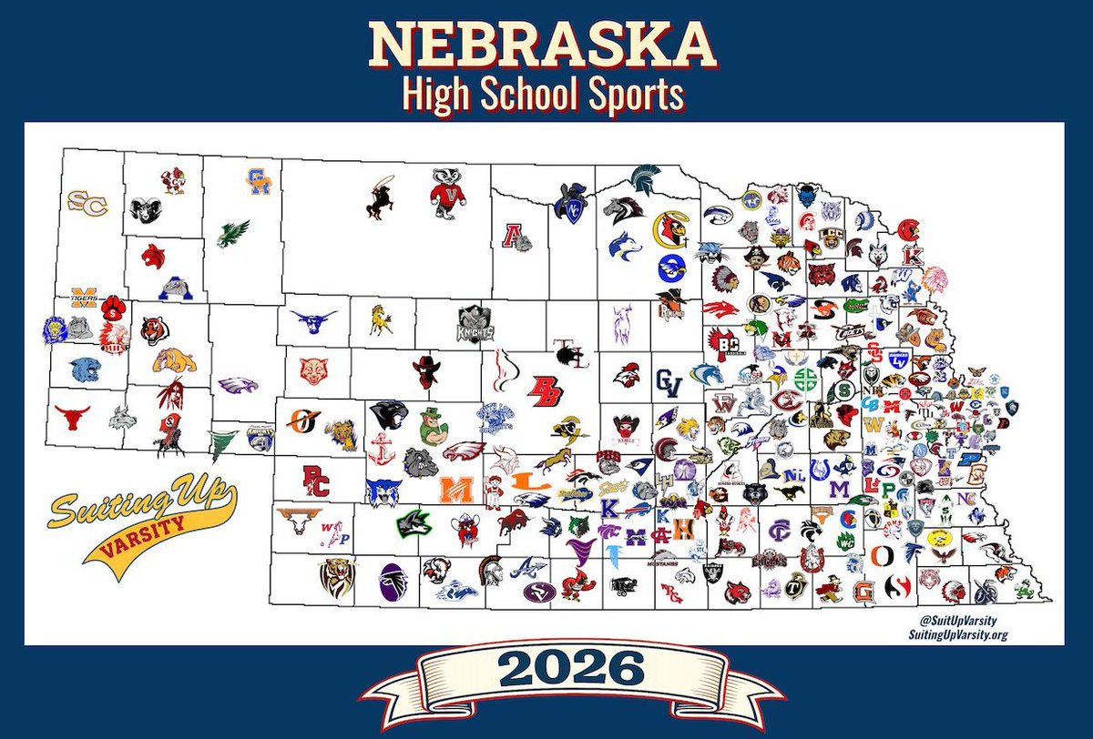Updating the Nebraska Mascot Map for 2026. Trying to reflect every school and co-op playing football, basketball, and/or volleyball. Help me check it? See any misses or goof? (Also, some schools have moved away from 'borrowed' mascots online and I tried to reflect that here.)