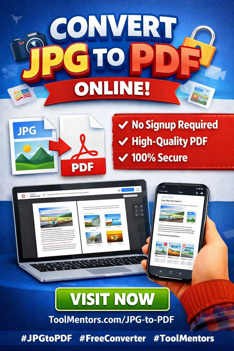toolmentors's tweet photo. Need to convert JPG to PDF instantly? 📄✨
Try Tool Mentors FREE JPG to PDF Converter!
✔ Fast
✔ Secure
✔ No Signup

Convert now 👇
 https://t.co/GLEFkQjRFU
#JPGtoPDF #PDFTools #OnlineConverter #FreeTool #ToolMentors #ImageToPDF https://t.co/UkytGB2ndj