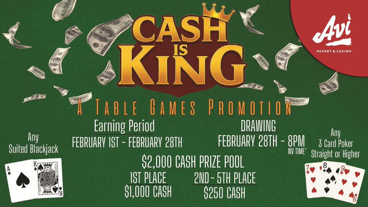 AviResortCasino's tweet image. 👑💰 CASH IS KING this February at Avi Resort &amp;amp; Casino! 💰👑

🗓 Earning Period: February 1 – February 28
🎉 Drawing: TONIGHT! February 28 at 8PM (NV Time)
🥇 1st Place: $1,000 CASH
💵 2nd–5th Place: $250 CASH

#CashIsKing #AviResortAndCasino #TableGames #Laughlin