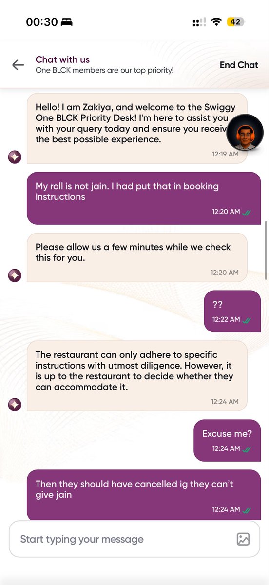 Milrath6's tweet photo. @Swiggy I am facing so many issues with your deliveries and your agents but this was my last straw. You just lost a black member. @zomato You guys are so much better. Please check attached images about my issue. Jain is just not recognised. https://t.co/fPbidjYa8a