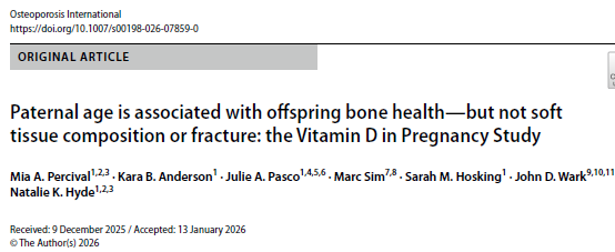 doctorneyro's tweet image. Advanced #paternalage may affect offspring #musculoskeletal #outcomes in #childhood

Evidence suggests: #paternalhealth may be associated with offspring later #lifeheath

Advanced #PA at #childbirth: poorer offspring #bonemineraldensity at #11years

link.springer.com/article/10.100…