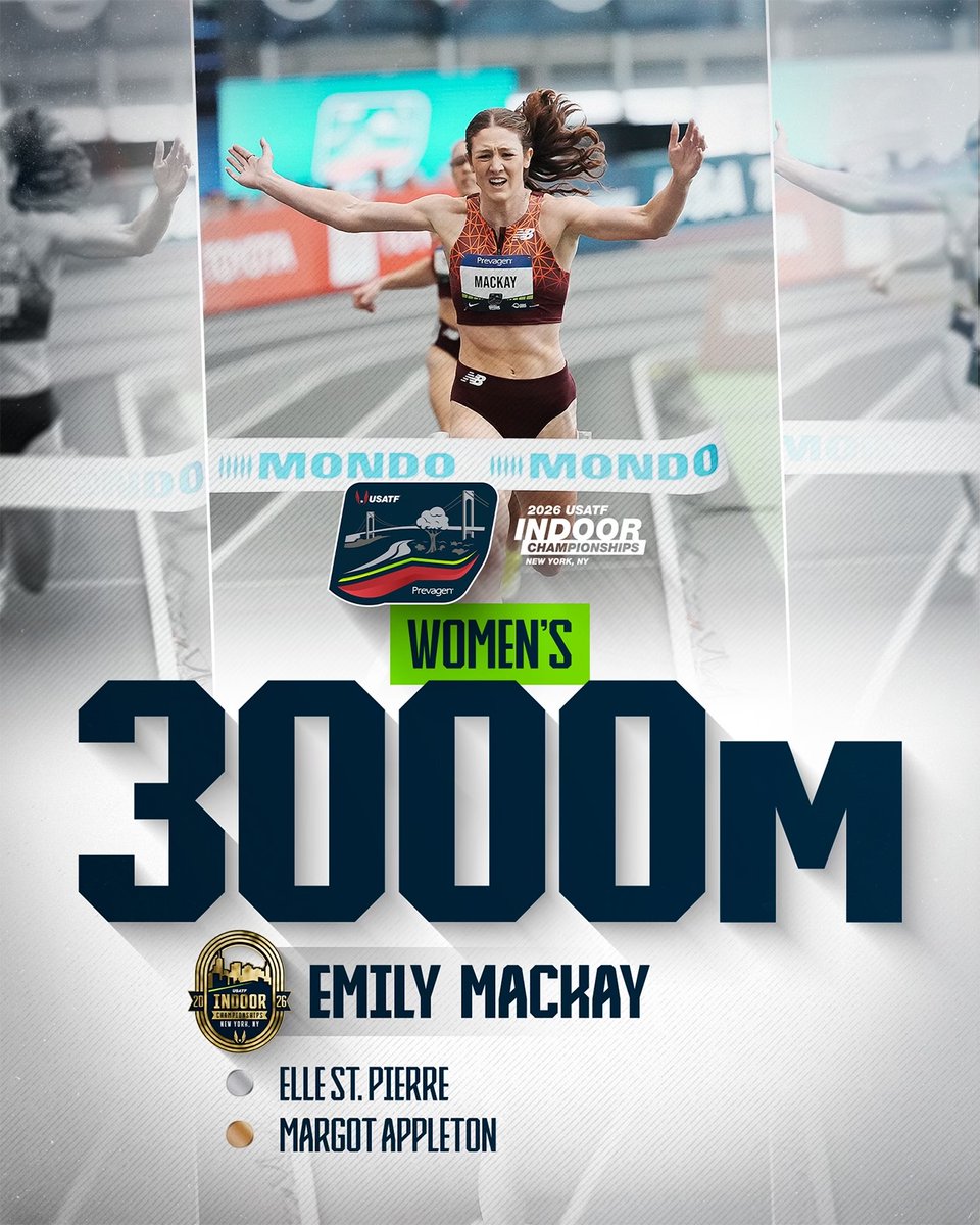usatf's tweet photo. A record from 1990 just fell 🚨

Emily Mackay runs 8:30.01 to win her first indoor national title and set a new meet record 🏆

🥈Elle St. Pierre right behind in 8:31.07
🥉Margot Appleton — 8:41.41

#USATFIndoors https://t.co/aL7DFMiFJU