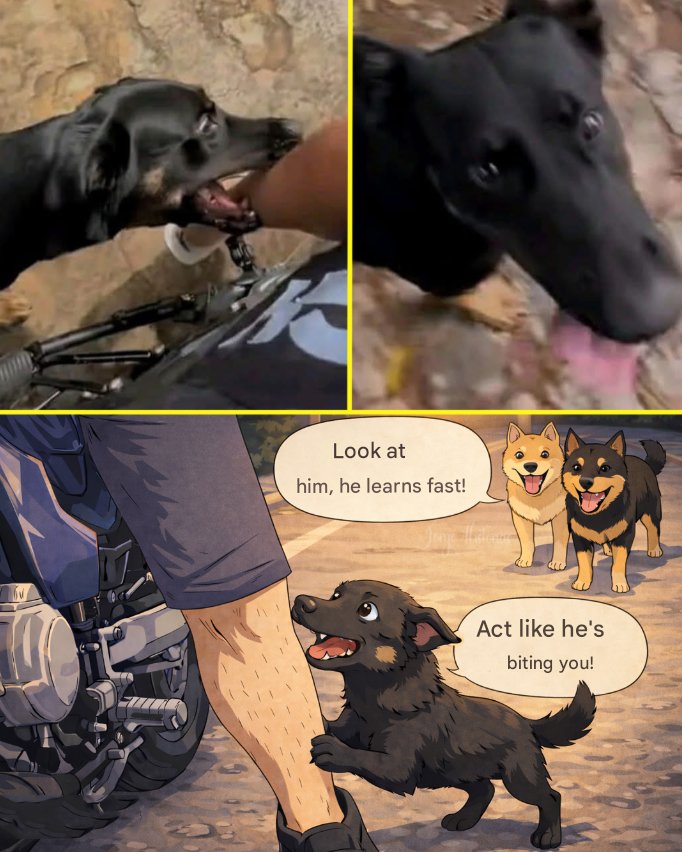 Um motociclista caminhava pela rua quando, de repente, um filhote jovem e enérgico apareceu. O motociclista tentou acompanhá-lo, mas o filhote correu por trás dele e deu uma "mordida" diretamente na panturrilha. Ele o segurou, mas não o machucou. Era uma mordida de mentira. Ele