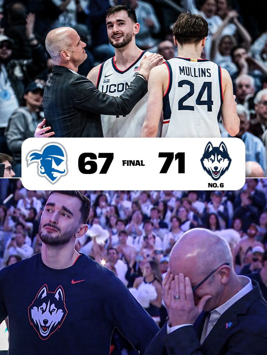 SportsCenter's tweet photo. NO. 6 UCONN SURVIVES ON SENIOR DAY VS. SETON HALL 👀

23 PTS FOR THE SENIOR ALEX KARABAN 🔥 https://t.co/dQDDQDDNQa