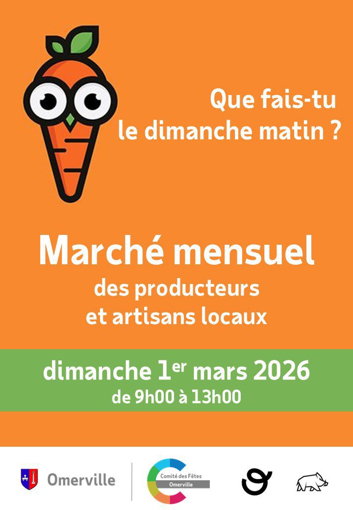 Dimanche 1/03/2026 • 9h-13h — Marché mensuel à #Omerville organisé par Comité des Fêtes d’Omerville. Produits locaux, artisans, bonne humeur — venez nombreux ! 🥕✨ #vexin #valdoise