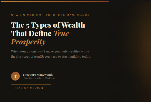 Most people are chasing one type of wealth their whole life — and wondering why they still feel empty.
My latest post breaks down the 5 types of wealth that define true prosperity. Money is just one of them.

medium.com/@theodore.mang…