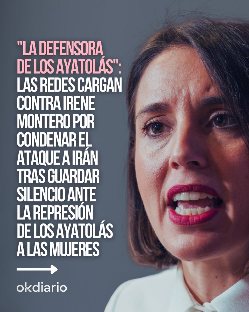 okdiario's tweet photo. ‼️ Irene Montero, la "defensora de los ayatolás".

👉 Las redes cargan contra Irene Montero por condenar el ataque a Irán tras guardar silencio ante la represión de los ayatolás a las mujeres.

📲 Más información en nuestro INSTAGRAM: https://t.co/HB4UptYYzB https://t.co/ofwPSfce68