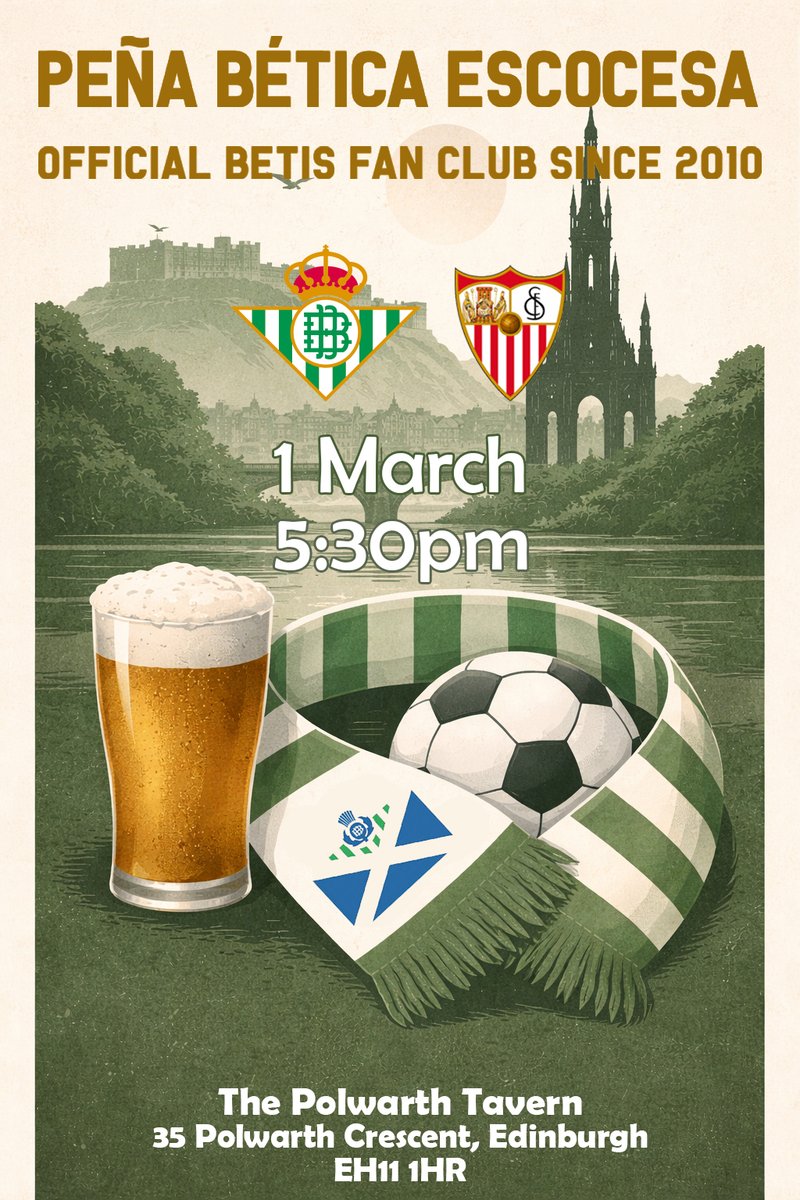 Edimburgo es verdiblanca. Mañana, domingo 1 de marzo, únete a nosotros para disfrutar del gran derbi, la rivalidad más pura del fútbol español. Encuéntranos en el Polwarth Tavern a partir de las 4pm para hacer piña. Y a partir de las 5pm, EL GRAN DERBI