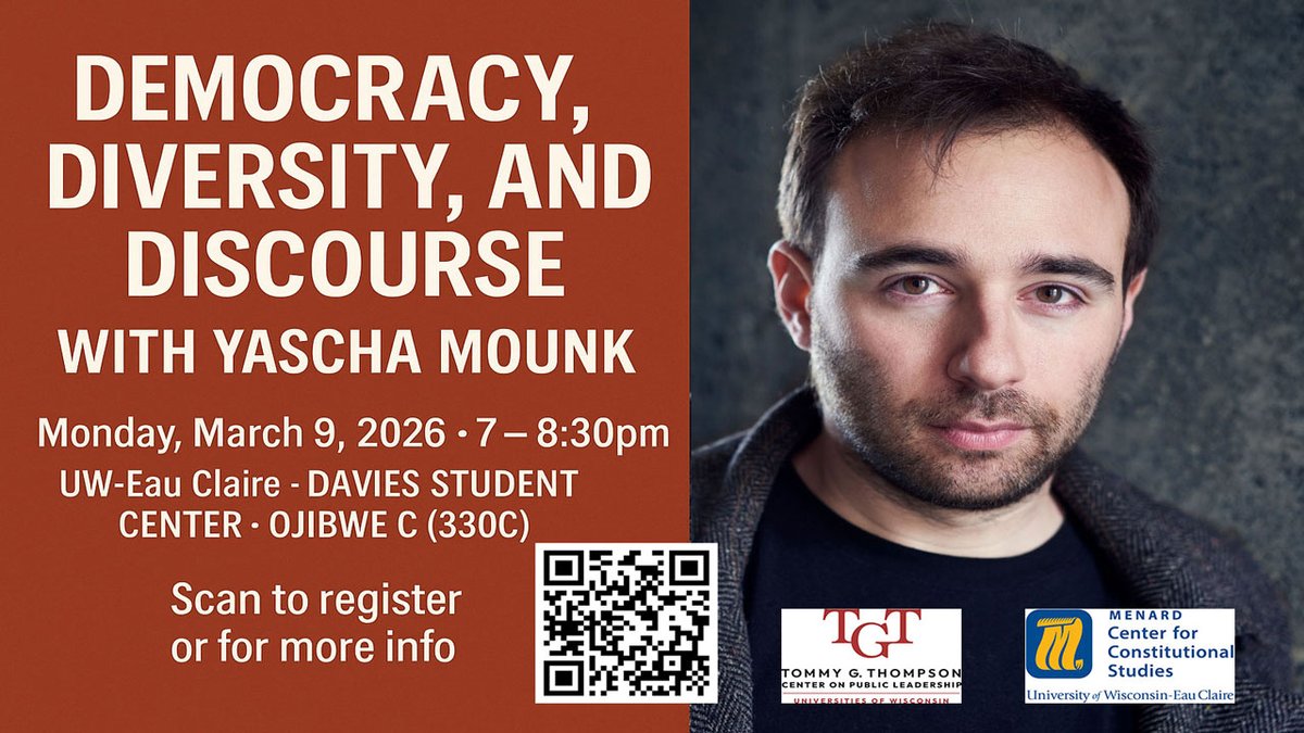 UWEC_Menard_CCS's tweet photo. “Democracy, Diversity, and Discourse with Yascha Mounk” will take place on Monday, March 9 at 7pm in Ojibwe Room C in the Davies Student Center at @UWEauClaire. This event is co-sponsored with the @thompson_center and is free and open to the public. https://t.co/uslgPw5Un9