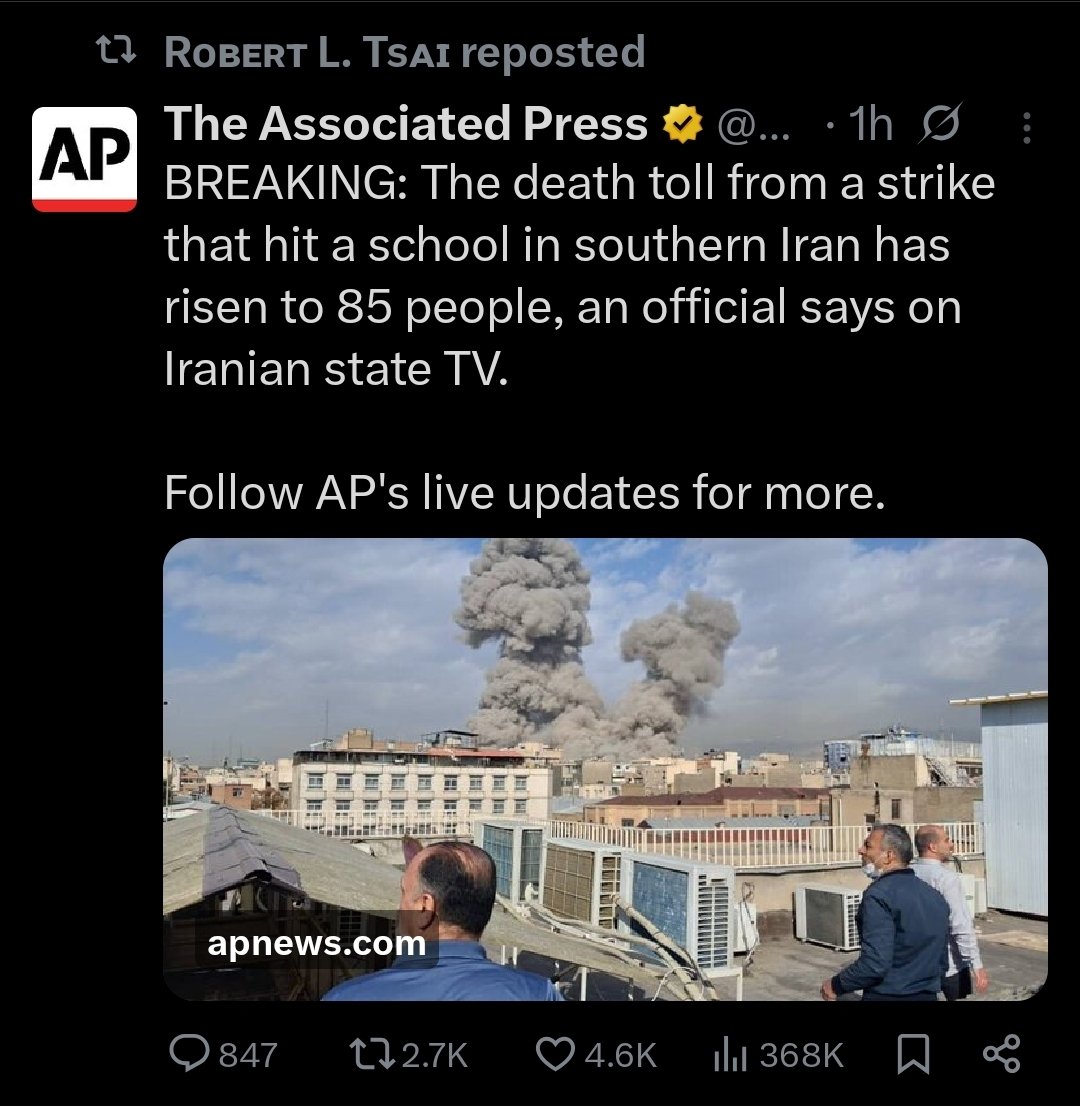 AdamMossoff's tweet photo. The same media that explicitly ignored the mass protests in Iran for first few weeks and then claimed it couldn't cover the regime's mass murder of these protestors because it didn't have reporters in Iran to verify the facts is back to its Hamas playbook from the October 7th War in Gaza. @AP *immediately* publishes propaganda claim by Islamic regime of Iran of a "strike" on an elementary school. Just like with the false Hamas propaganda that AP told its readers was fact with the Al-Ahli Hospital explosion caused by a failed Hamas rocket launch at Israel, there is video evidence that the elementary school in Iran was hit by an Iranian missile that failed after launch. You can't hate AP enough.