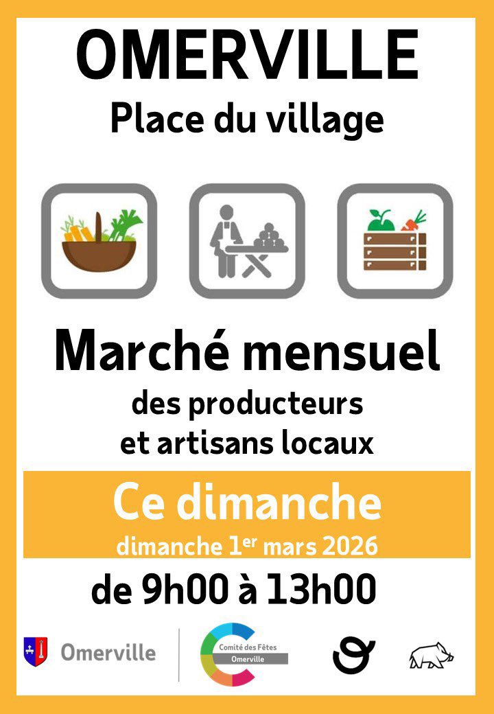 Dimanche 1/03/2026 • 9h-13h — Marché mensuel à #Omerville organisé par Comité des Fêtes d’Omerville. Produits locaux, artisans, bonne humeur — venez nombreux ! 🥕✨ #vexin #valdoise