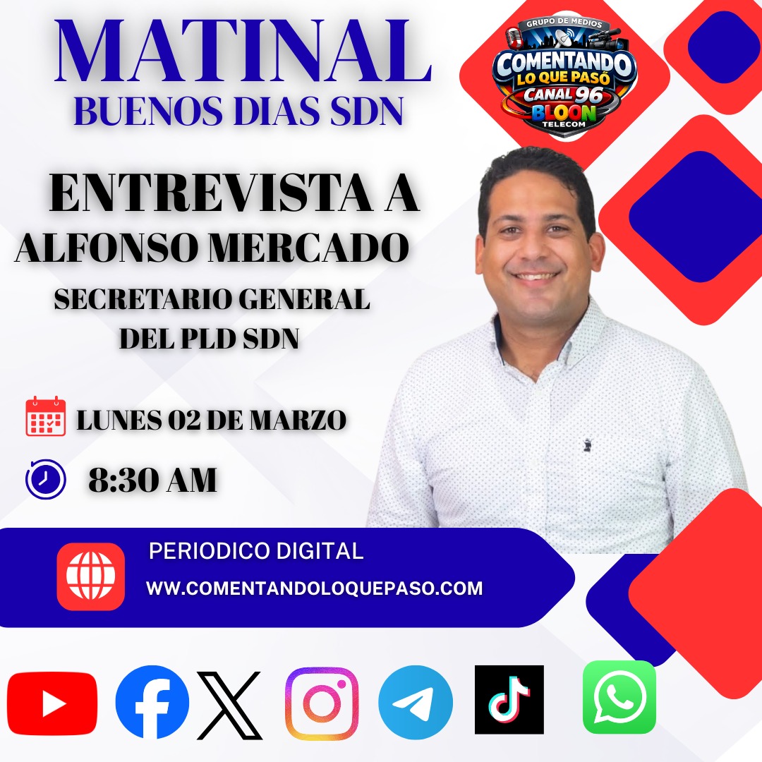En la entrevista central de este Lunes 02,de Marzo conversamos con <a href="/Alfonsomercadob/">Alfonso Mercado</a> Secretario General <a href="/PLDenlinea/">PLD</a> SDN 
Véalo por el canal 96 de Bloom telecom y todas Nuestras plataformas digitales ENVIVO 
<a href="/renepolancov/">René Polanco</a> <a href="/AlfonsoUrena/">Alfonso Urena</a> <a href="/EliasCornelioS/">Elias Cornelio</a> <a href="/JohnnyPujols/">Johnny Pujols</a> <a href="/AlbertoTejeda_/">Luis Alberto Tejeda</a>