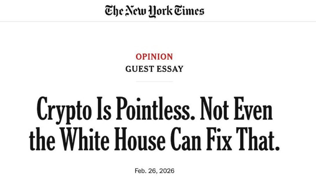 CryptoNewsHntrs's tweet image. 🚨 NEW: The NEW YORK TIMES CALLED CRYPTO POINTLESS.

THEY'RE NOT THE FIRST.

THEY WON'T BE THE LAST.

#Crypto #Blockchain #NYT #FutureOfMoney