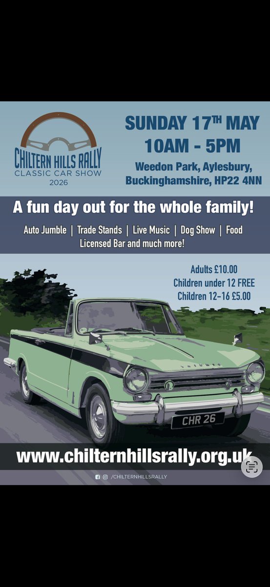 ajfmotor's tweet photo. Chiltern hills rally Sunday 17th May #aulesbury #classiccarshow trade stands live entertainment food and drink . Free public parking dog friendly what’s not to like ? Tickets online for a great family day out , https://t.co/dVjtiX1I8z https://t.co/q0zQHOyk9M