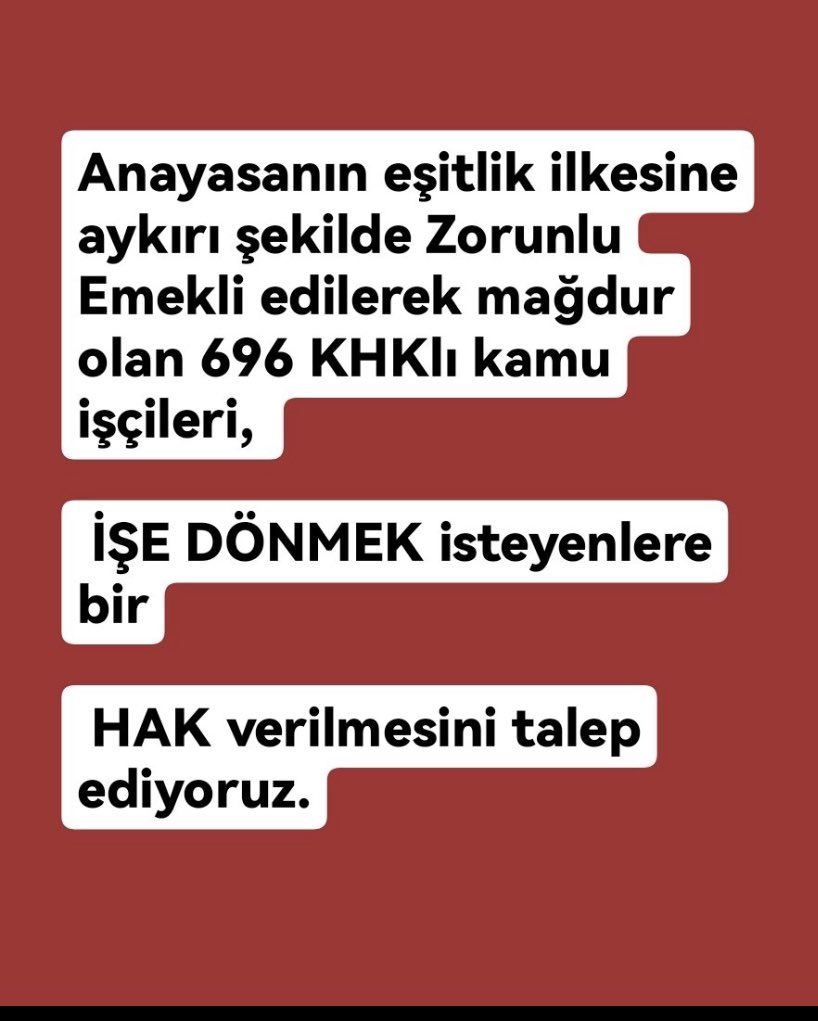 696 sayılı KHK'nın geçici 23. Maddesi gereğince, kendi isteği dışında Genç yaşta Zorunlu Emekli edilen Kamu işçisi YASAL Düzenleme ile İŞE İADE bekliyor <a href="/RTErdogan/">Recep Tayyip Erdoğan</a> <a href="/isikhanvedat/">Prof. Dr. Vedat Işıkhan</a> <a href="/eczozgurozel/">Özgür Özel</a> <a href="/dbdevletbahceli/">Devlet Bahçeli</a> <a href="/erbakanfatih/">Dr. Fatih Erbakan</a> <a href="/MDervisogluTR/">Müsavat Dervişoğlu</a> #ZorunluEmekliyeİşeİadeHakkı