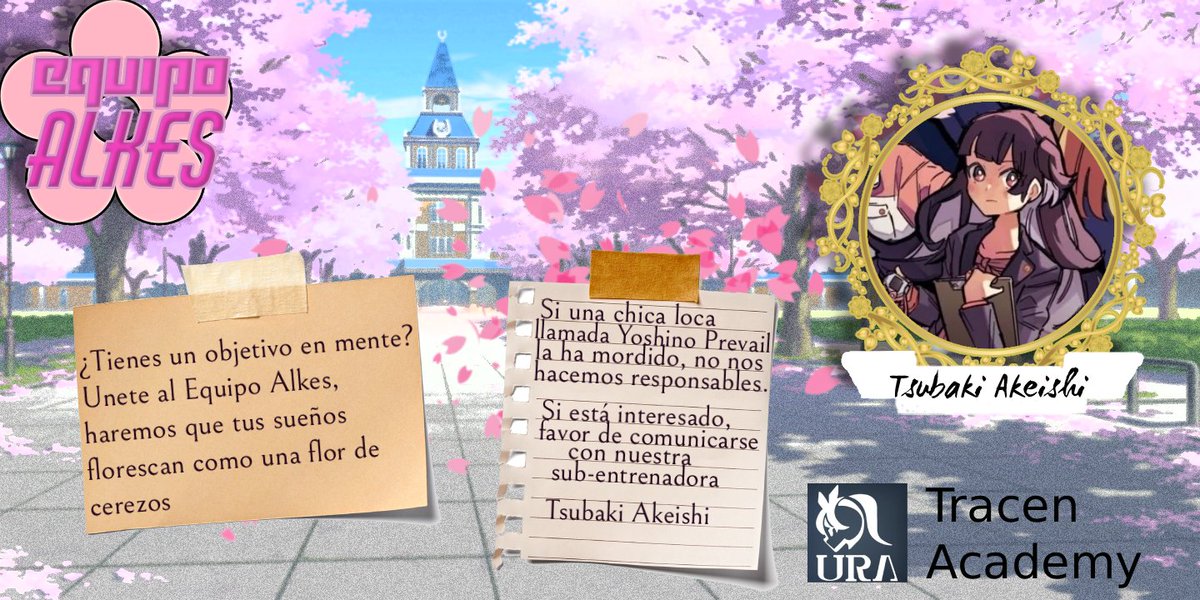 [ Post para el reclutamiento 🌸 ]

— Somos el Equipo Alkes, buscamos corredoras. Si tienen una meta u objetivo a alcanzar les ayudaremos a cumplirlo. ¡Únete a Alkes! ✨

★~ Hablen con nuestra Sub-Entrenadora, Tsubaki Akeishi.

━━  🌸  ━━━━━━━━━━  ⚜️  ━━

💬 - "..."