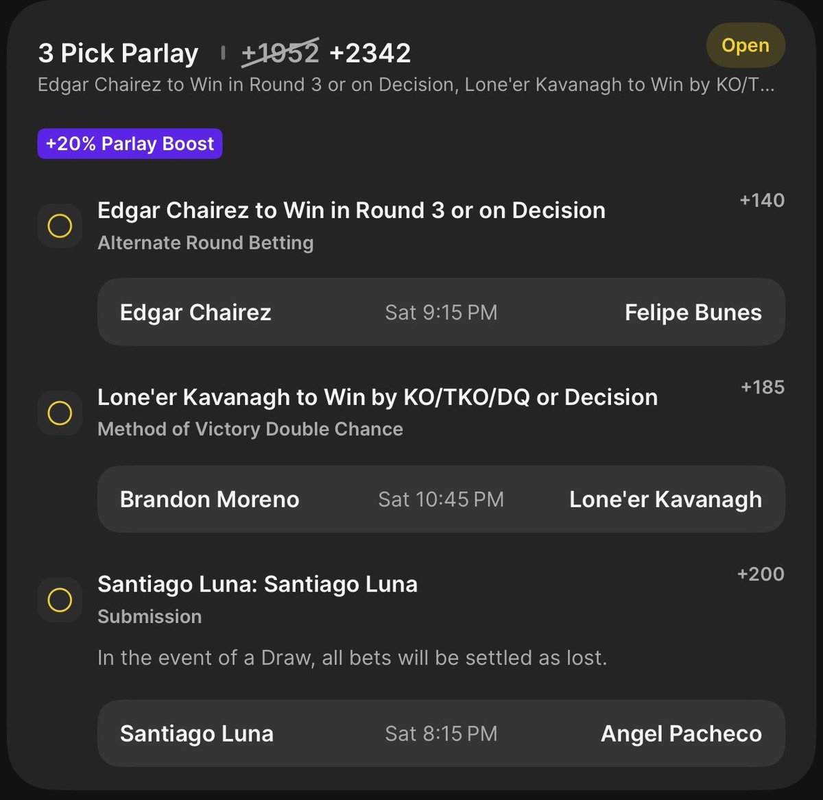 SkokGambles's tweet photo. #UFCMexico🇲🇽 Longshot Parlay 🎯 : 

Edgar Chairez RD3/Dec (+140)
Lone’er Kavanagh KO/Dec (+185)
Santiago Luna Submission (+200)

Risk 0.25u 🫡 | Drop A Like If Tailing! ❤️‍🔥

$25 TO SOMEONE WHO LIKE/RTs IF WE 💰

#GamblingX | #UFConParamount | #UFC https://t.co/Aocj82GjWt