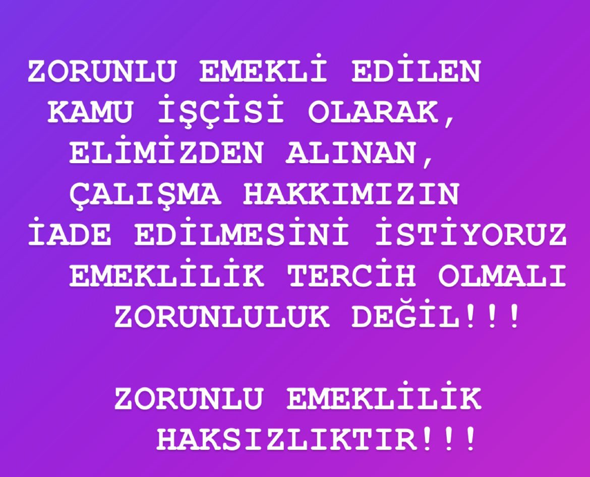 696 sayılı KHK'nın geçici 23. Maddesi gereğince, kendi isteği dışında Genç yaşta Zorunlu Emekli edilen Kamu işçisi YASAL Düzenleme ile İŞE İADE bekliyor <a href="/RTErdogan/">Recep Tayyip Erdoğan</a> <a href="/isikhanvedat/">Prof. Dr. Vedat Işıkhan</a> <a href="/eczozgurozel/">Özgür Özel</a> <a href="/dbdevletbahceli/">Devlet Bahçeli</a> <a href="/erbakanfatih/">Dr. Fatih Erbakan</a> <a href="/MDervisogluTR/">Müsavat Dervişoğlu</a> #ZorunluEmekliyeİşeİadeHakkı