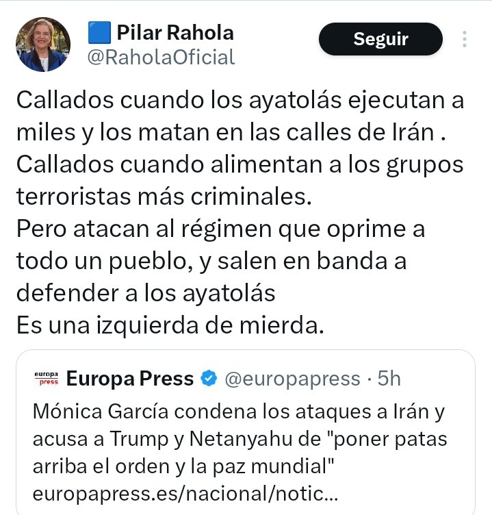 Es repugnante leer las mentiras de mierda de <a href="/RaholaOficial/">🟦 Pilar Rahola</a>. La izquierda no está saliendo a defender a los ayatolás, sino a la población civil asesinada por orden de Trump y Netanyahu, entre ellos decenas de niños.

Es una defensora de genocidas.