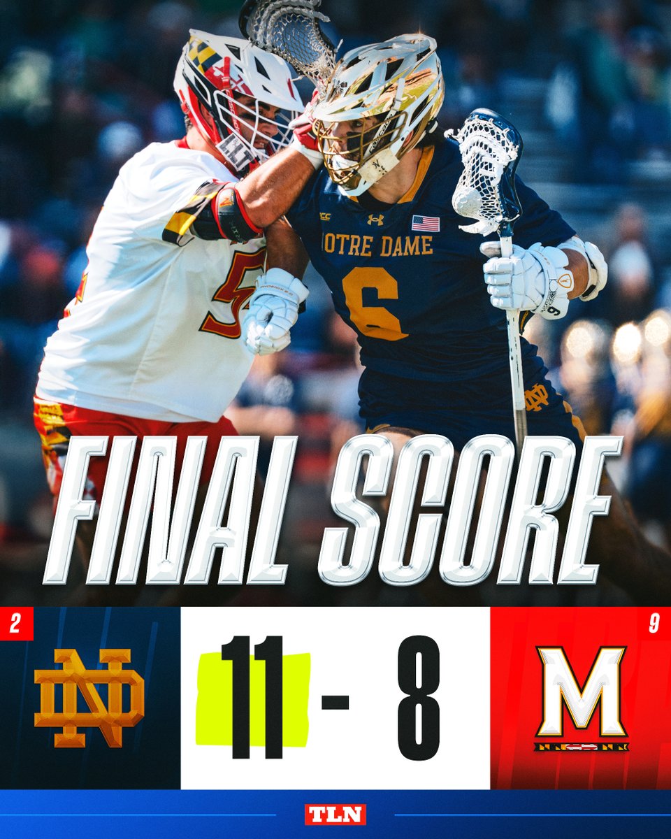 LacrosseNetwork's tweet photo. NOTRE DAME TAKES DOWN THE TERPS 🍀🔥

@NDlacrosse hands @TerpsMLax its THIRD consecutive loss. Brock Behrman (six points) and Luke Miller (five) led the Fighting Irish. https://t.co/WEKIPsFXxq