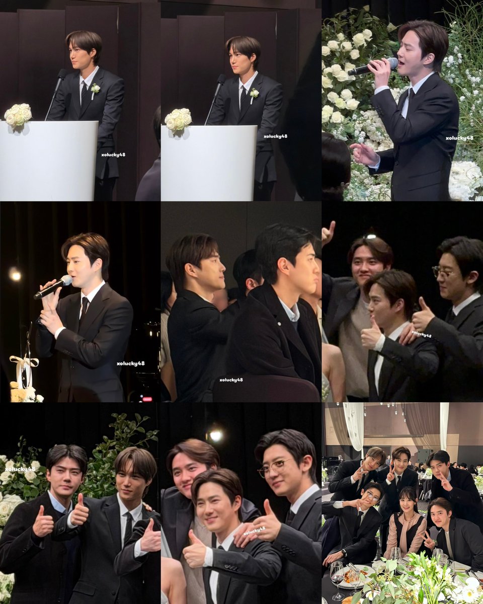New photo updates of EXO at Junmyeon’s brother’s wedding! Junmyeon sang the congratulatory song, Jongin was the MC, and even Yoora (Chanyeol’s sister) attended as well~🤵🏻💐