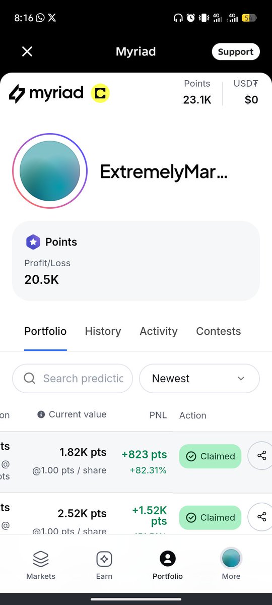 PraiseDr56's tweet photo. On a winning streak on @MyriadMarkets 😁😁 though for some reason the day I won a lot rewards weren't distributed to anyone, in all it's been fun https://t.co/veAuSxh6ZN