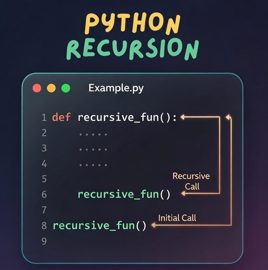 PyBerryTech's tweet photo. 🔶 Recursion in Python Explained 🐍

Recursion is when a function calls itself to solve a problem.

⭐ Important Rule ⭐

Every recursive function needs a stop condition.

#Python #Recursion #LearnPython #CodingConcepts #Programming