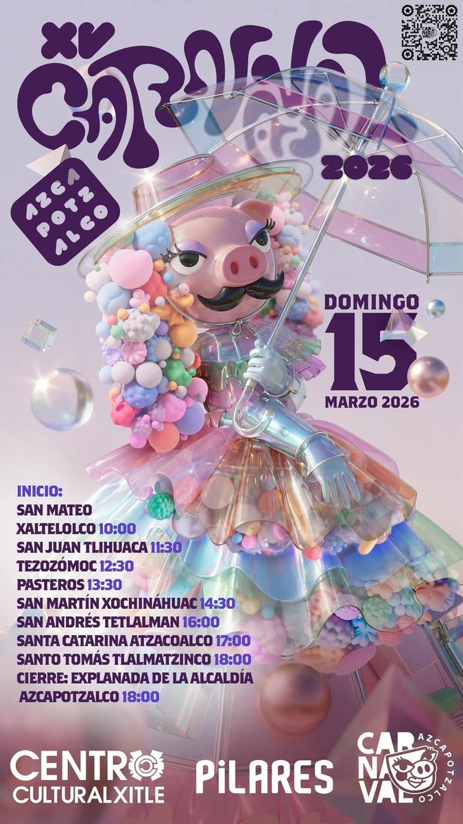 CarnavalAzcapo's tweet photo. Celebremos los XV años del Carnaval de Azcapotzalco, la fiesta de cultura comunitaria más grande en #Azcapotzalco  el  domingo 15 de marzo de 2026 a partir de las 10 am @maschilangomx @ChilangoCom https://t.co/LFX3bHiffx