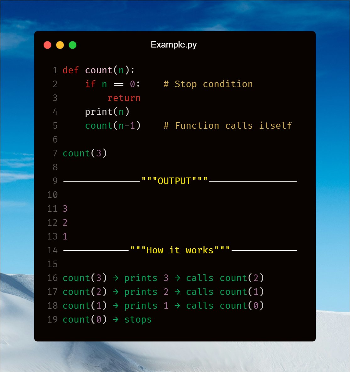 PyBerryTech's tweet photo. 🔶 Recursion in Python Explained 🐍

Recursion is when a function calls itself to solve a problem.

⭐ Important Rule ⭐

Every recursive function needs a stop condition.

#Python #Recursion #LearnPython #CodingConcepts #Programming