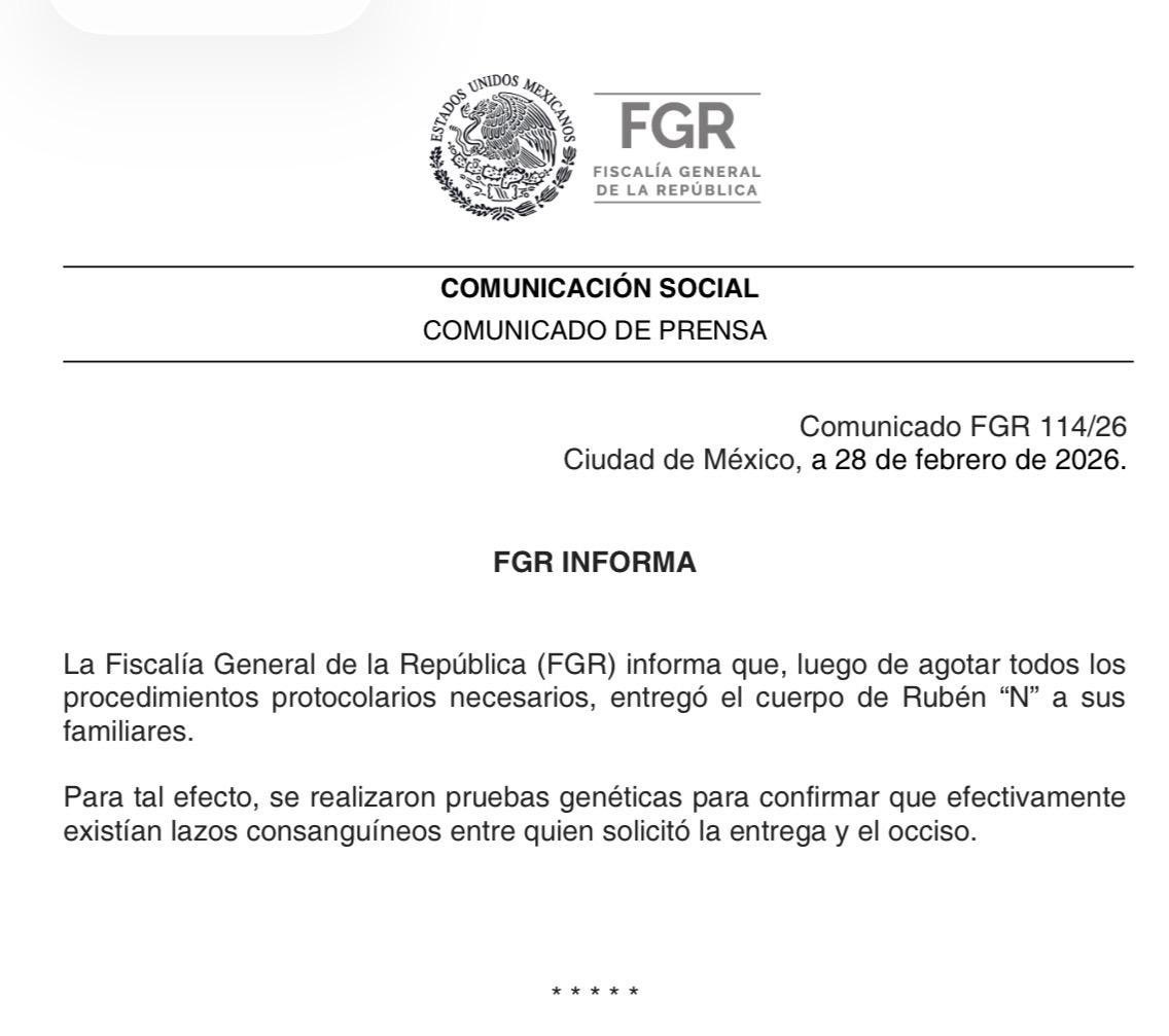 El cuerpo de El Mencho ya fue entregado a sus familiares. 

La <a href="/FGRMexico/">FGR México</a> aseguró que se realizaron pruebas genéricas para garantizar el lazo sanguíneo entre el cuerpo y quienes lo reclamaron.