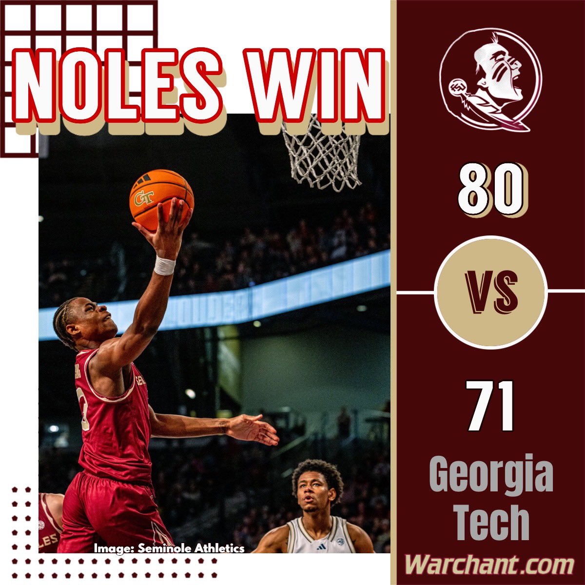 Warchant's tweet image. NOLES WIN!

@FSUHoops takes down the Jackets in Atlanta.

Robert McCray V led the Seminoles with 20 points.