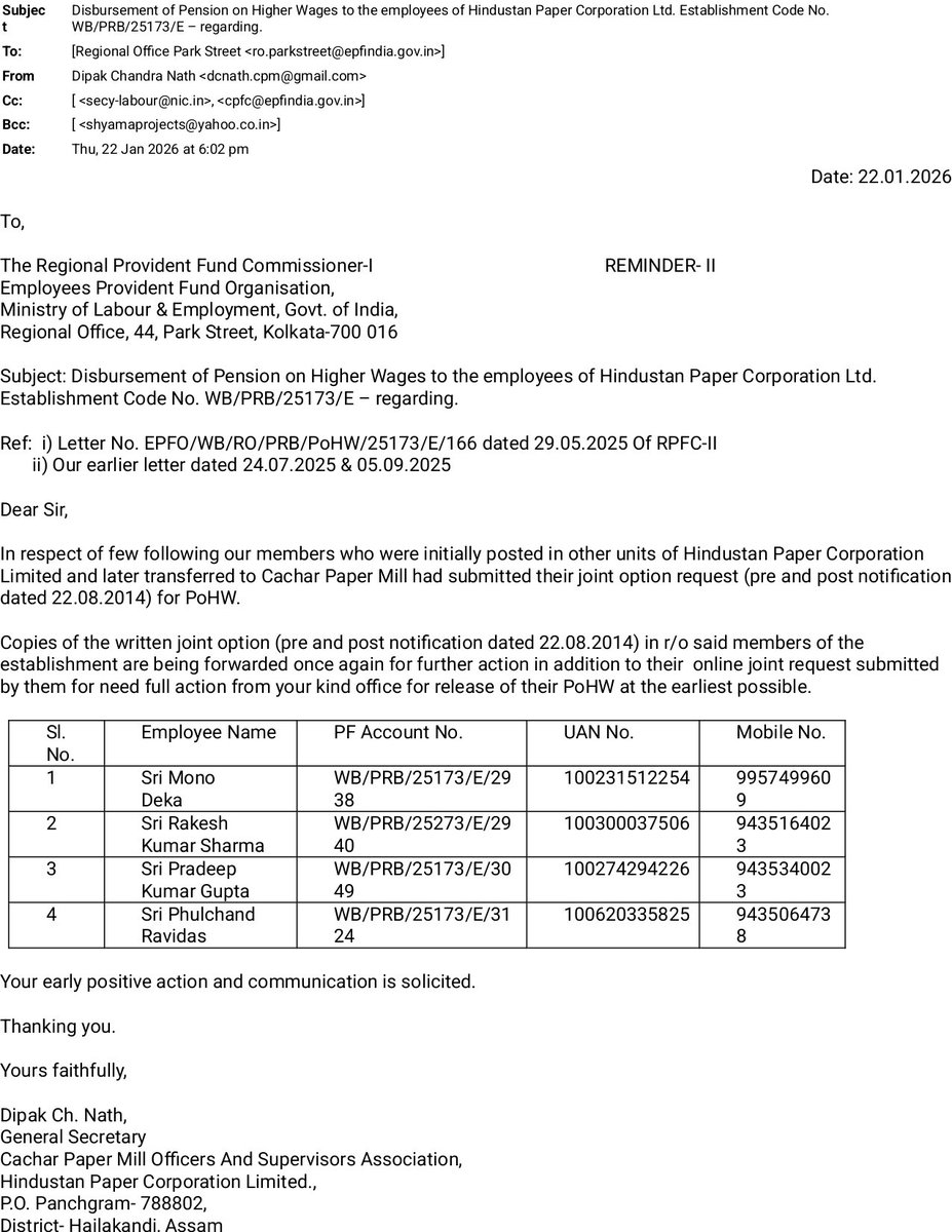 PradeepPulpTech's tweet photo. @officialepfo @PMOIndia @narendramodi @LabourMinistry @mansukhmandviya @PIB_India @mygovindia 
Sir, disbursement of pension on higher wages has not started yet with UAN no. 100274294226 with PF A/C no. WB/PRB/25173/E/3049.
@_DigitalIndia @rashtrapatibhvn @VPIndia @nsitharaman https://t.co/zCH0v2bQ4T