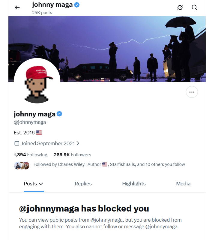 FakeMAGAPatriot's tweet photo. WTF, @johnnymaga blocked me just for wanting him to embrace his real name? 

If somebody isn't blocked by him, please tell him that I love him, &amp; to embrace his real name (Garrett "Gary" Wade) in order to own the libs! 

AND play this video on all of his tweets
#JusticeForGary https://t.co/bNpBRzSayP