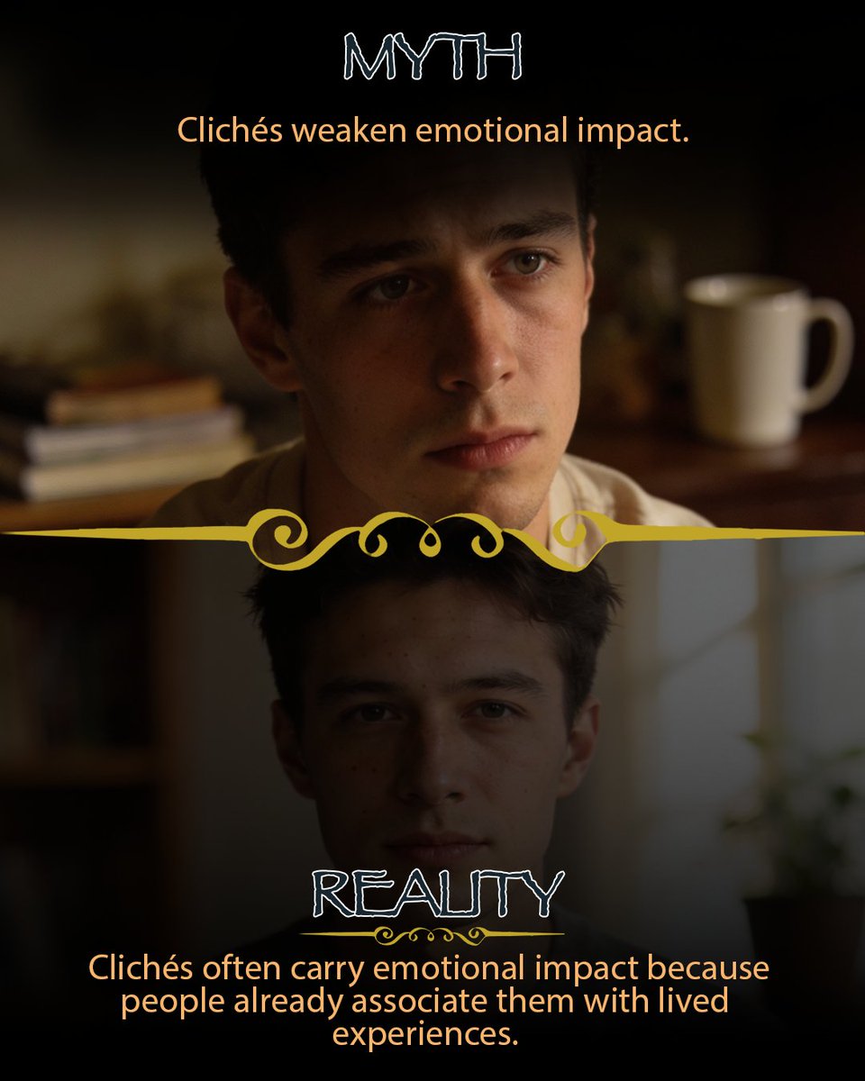 Myth: Clichés weaken emotional impact.

Reality: They often carry emotional weight because people connect them to lived experiences; heartbreak, growth, survival.

#theclichechronicles #brianbradley
#wordplaywisdom #writerscommunity #quoteoverload
