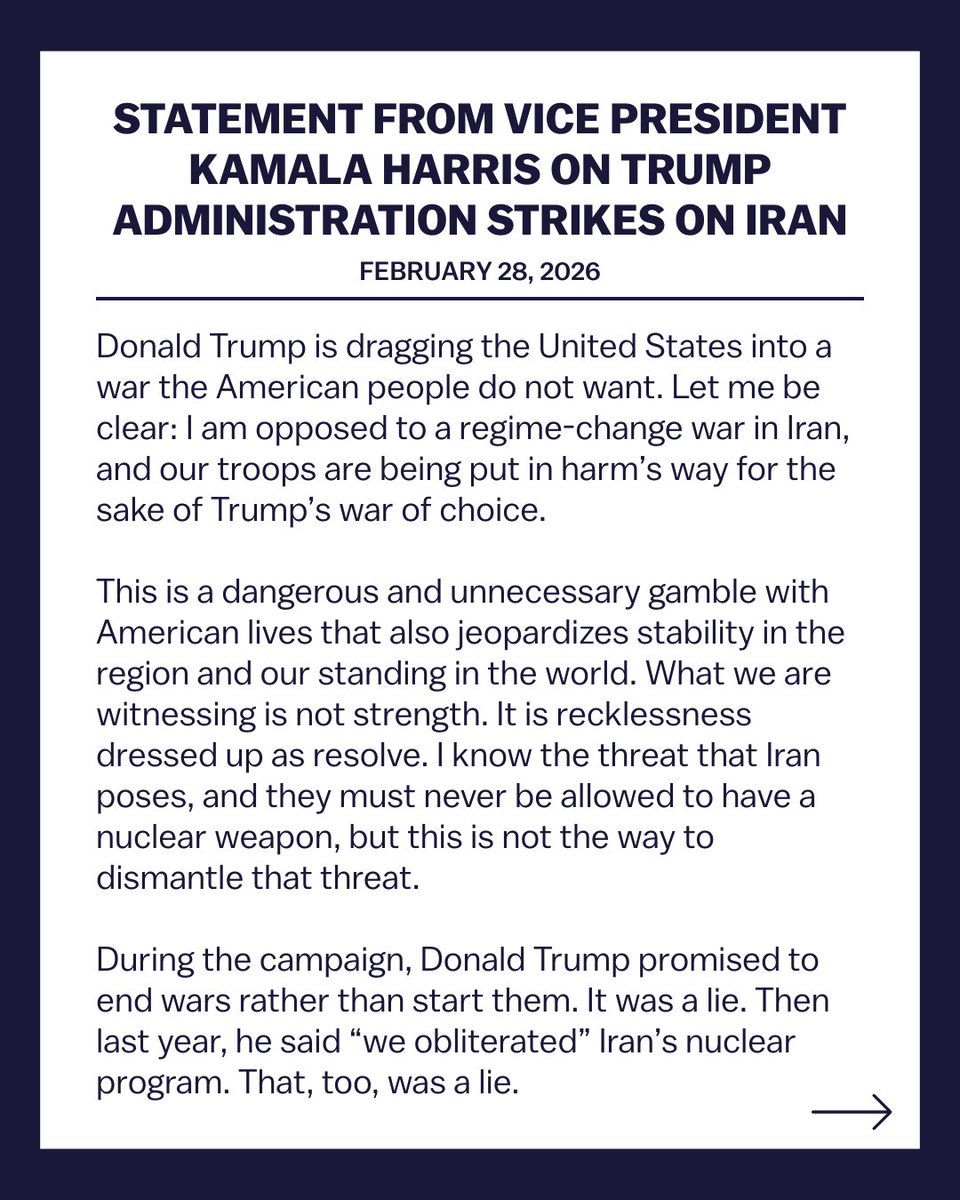 NLM_Magazine's tweet image. Former US Vice President Kamala #Harris has condemned the American and Israeli attack against Iran. She accused President #Trump of dragging the US into a war that the American people do not want. "I am opposed to a regime-change war in Iran," she said. #NLMLiveIranUpdates.