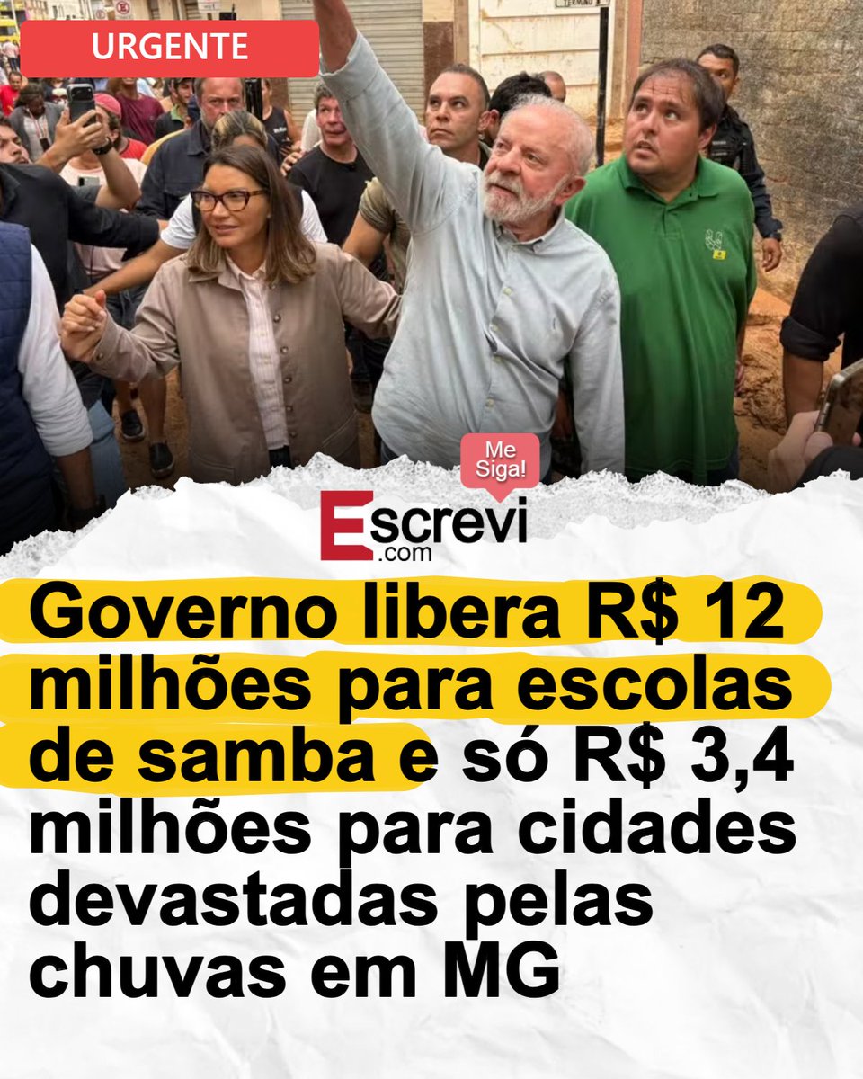 🚨 Enquanto o Governo Federal do Brasil destinou R$ 12 milhões para escolas de samba do Carnaval, cidades de Minas Gerais destruídas por enchentes receberam apenas R$ 3,4 milhões em ajuda emergencial. Famílias perderam casas, bens e vidas, mas a prioridade do governo ficou clara: